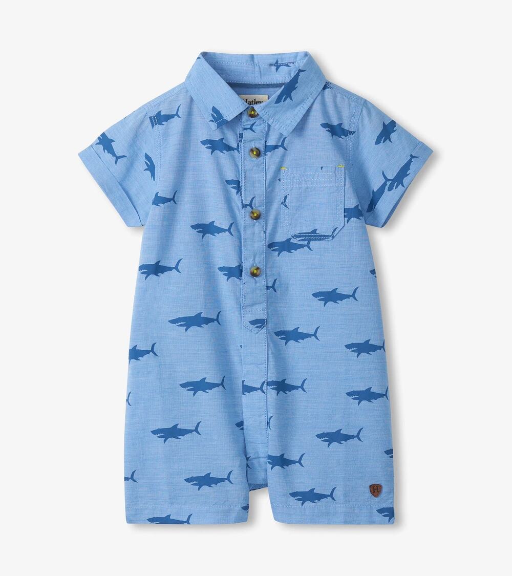 Hatley (6-9M) Baby Shark Blue Cotton Woven Romper Shortall NWT